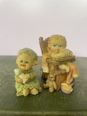 Nursery Baby Figurine Set - Pastel Green and Cream Decorative Accents
